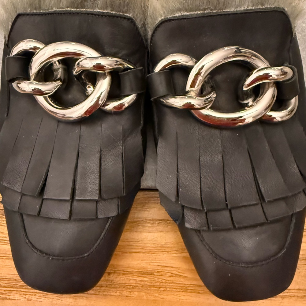 Jeffrey Campbell Leather Faux Fur Mule Slide Loafers Chunky Buckle Size 6 - Picture 11 of 12